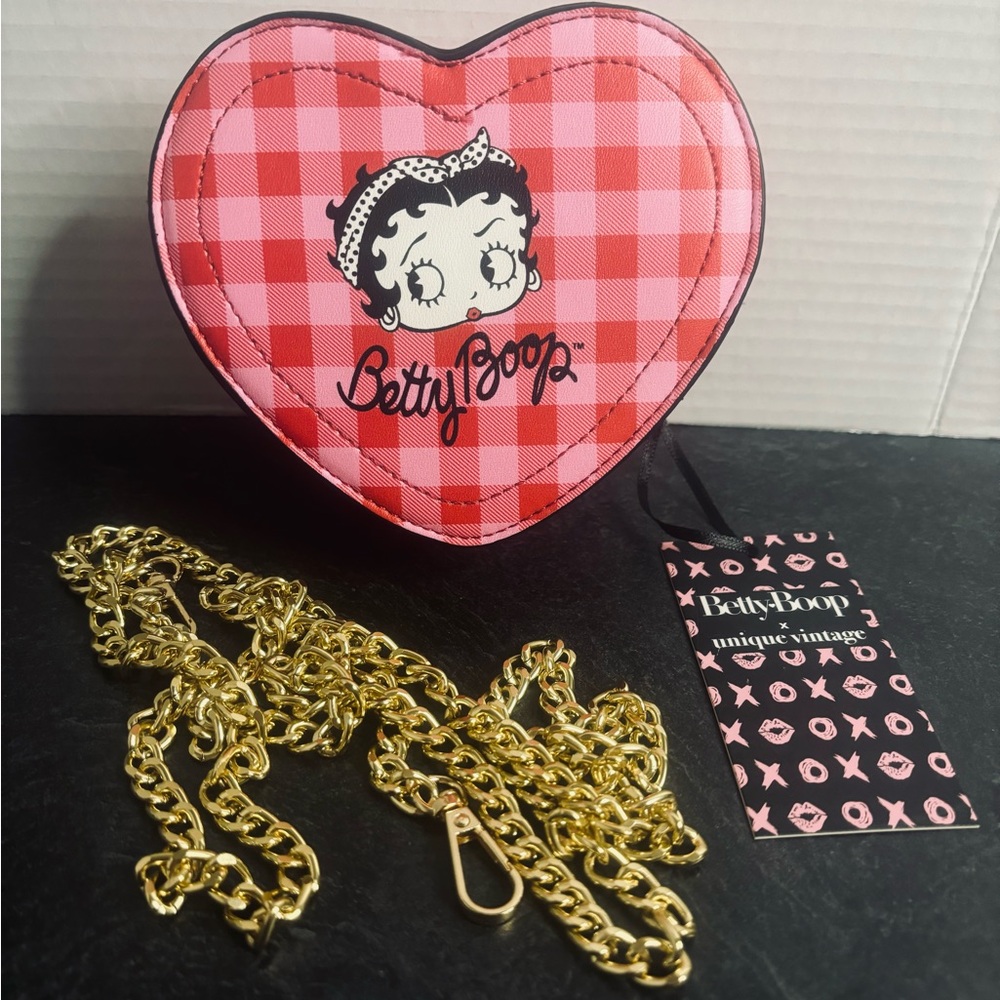 Unique Vintage Betty Boop shoulder bag chain strap checkered NEW pink & red